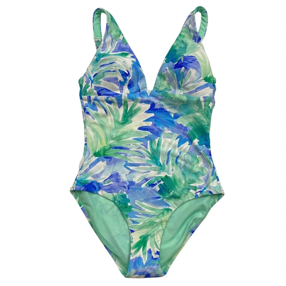 NWT, Sea Level Swim Tropical Palm V-neck Blue Green One Piece Swimsuit Size 4